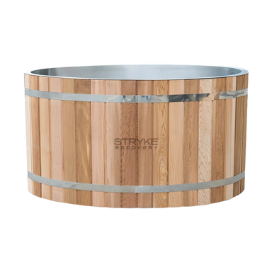 Wooden barrel with metal bands on a white background, featuring the Stryke Recovery logo.