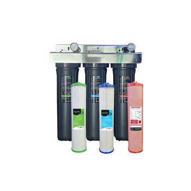 Premium whole house Water filtration system with various filters on a white background