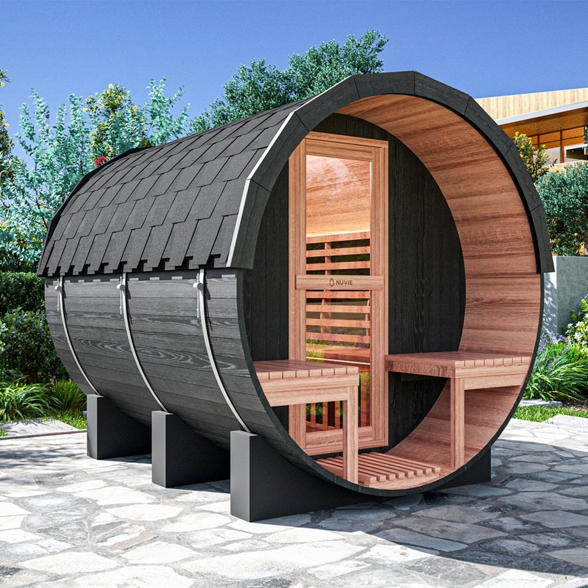 nuvie fusion hybrid barrel sauna left angle