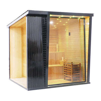Modern sauna with wooden interior and glass walls on a white background