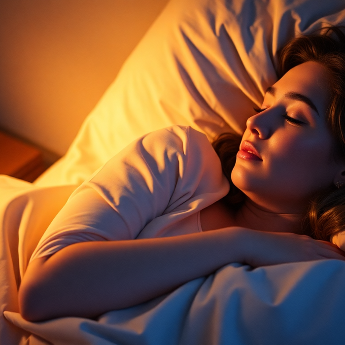 Woman peacefully sleeping in bed at night to sleep better with a cozy blanket and pillow