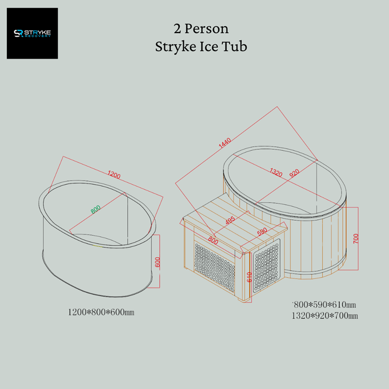 Technical drawing of a 2-person Stryke Ice Tub with dimensions 