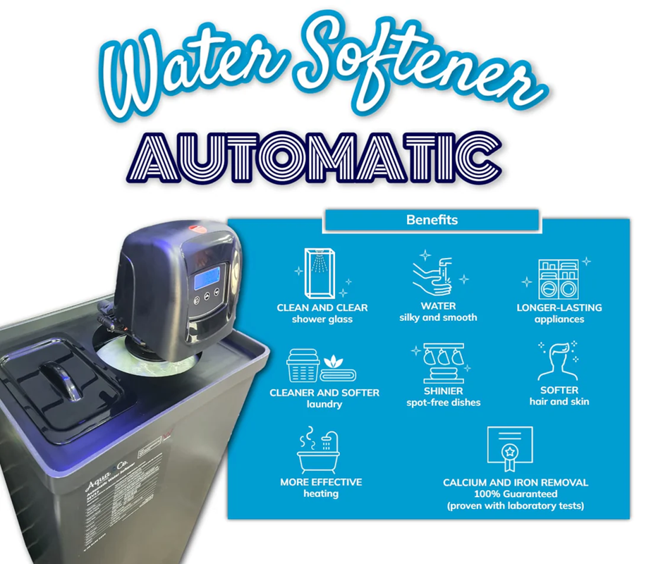 Water softener with benefits listed on a blue panel against a white background