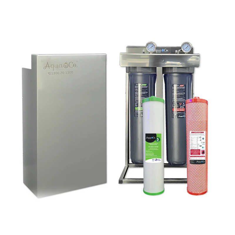 Aquaco water filtration system with filters on a white background