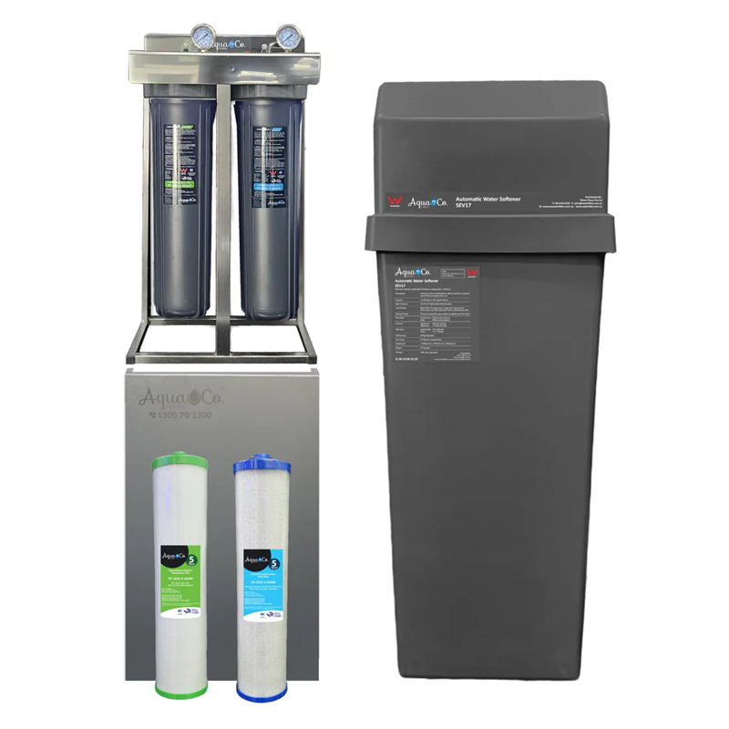 Aquaco two stage whole house water filter system with water softener system
