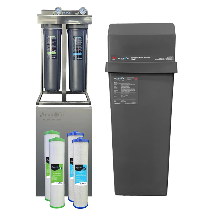 Aquaco two stage whole house water filtration system with water softener and spare water filters