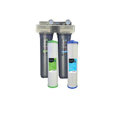 Water filtration system with two replacement filters on a white background