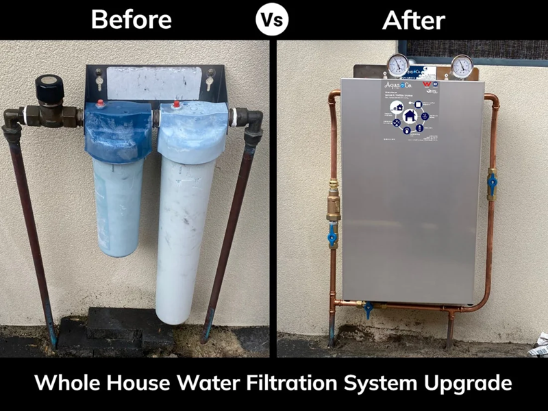 Before and after comparison of a whole house water filtration system upgrade.