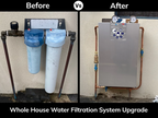 Before and after comparison of a whole house water filtration system upgrade.