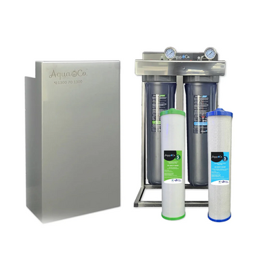 Aquaco water filtration system with cover and filters on a white background