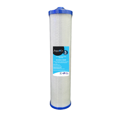 AquaCo 5-micron water filter cartridge with blue caps and white mesh exterior