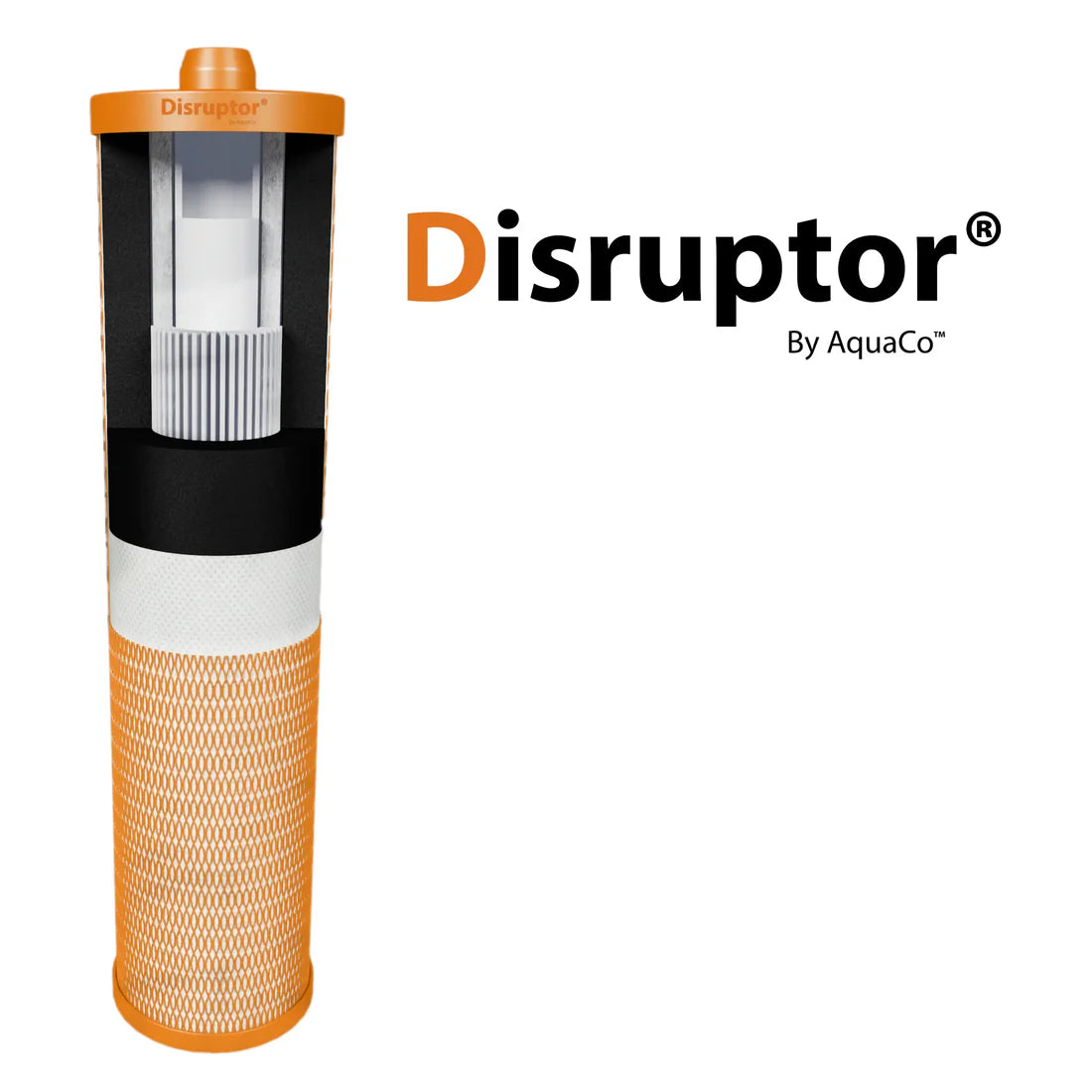 AquaCo Disruptor water filter cartridge with orange mesh casing and internal filtration components
