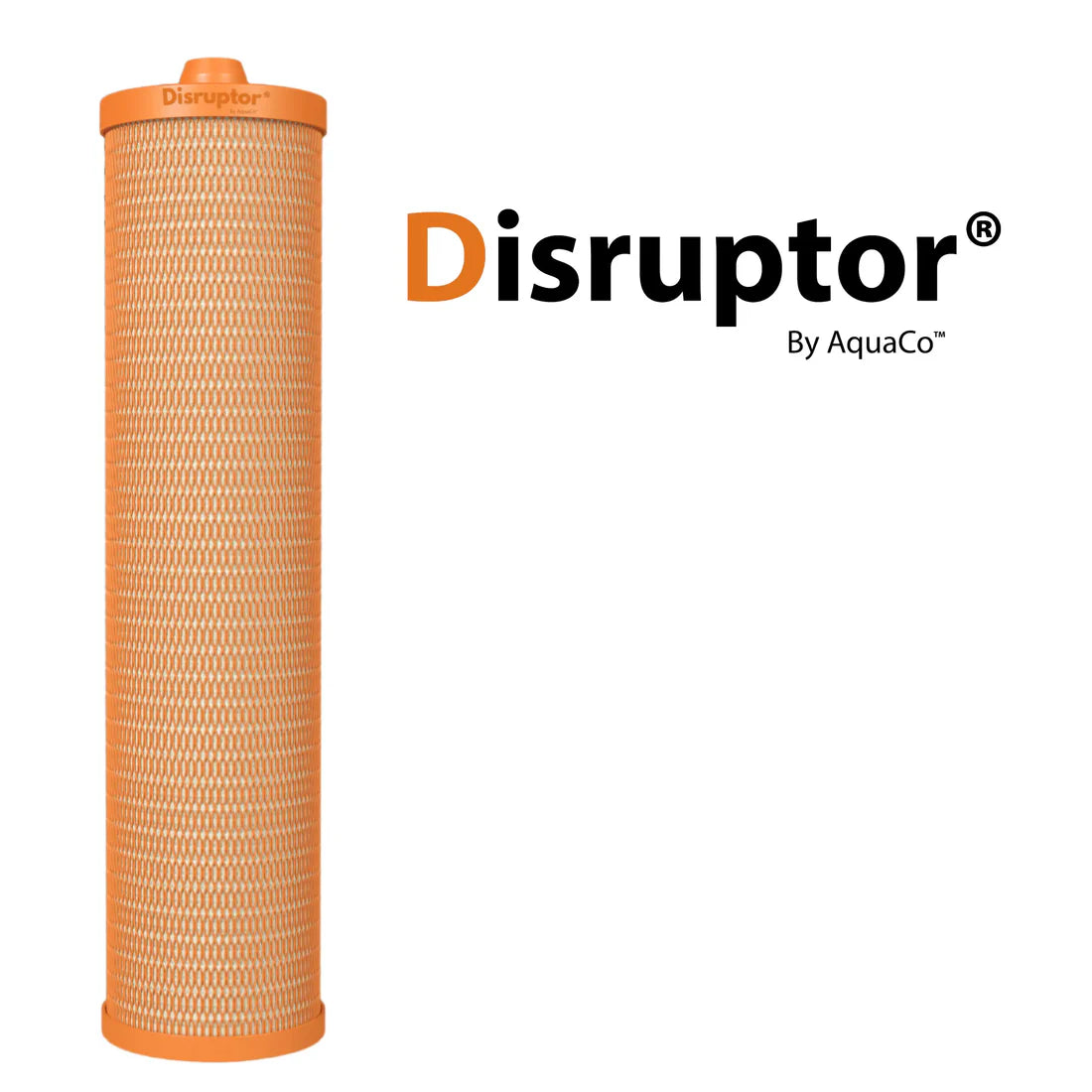 AquaCo Disruptor orange water filter cartridge with mesh design for clean water filtration