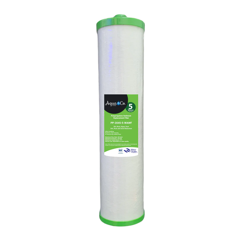 AquaCo water filter cartridge with green caps designed for clean and purified water filtration