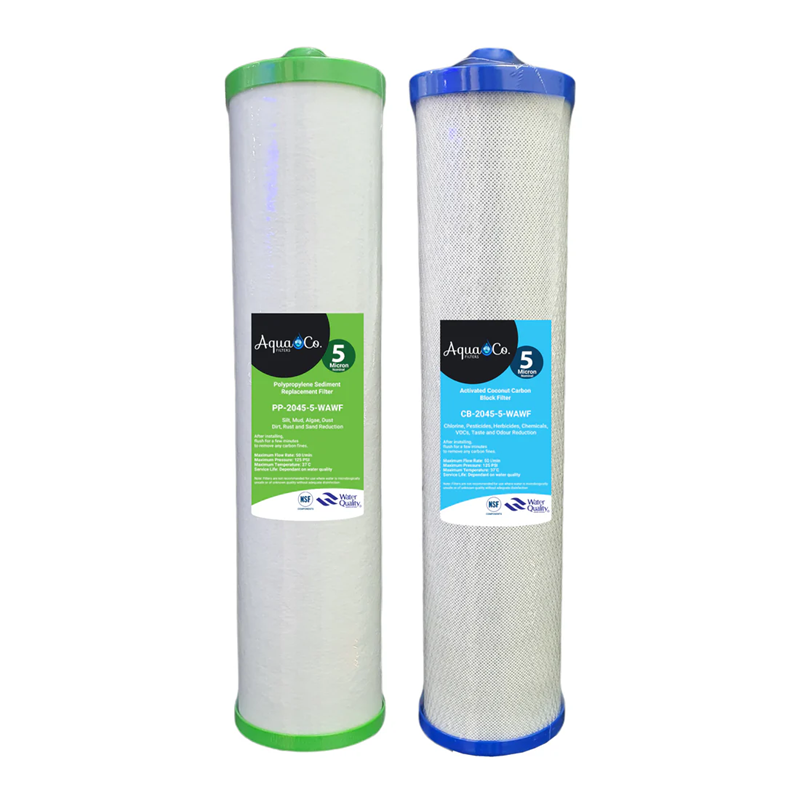 AquaCo water filter cartridges set with green and blue caps for water purification