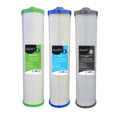 AquaCo water filter cartridges with green, blue, and gray caps for home water purification