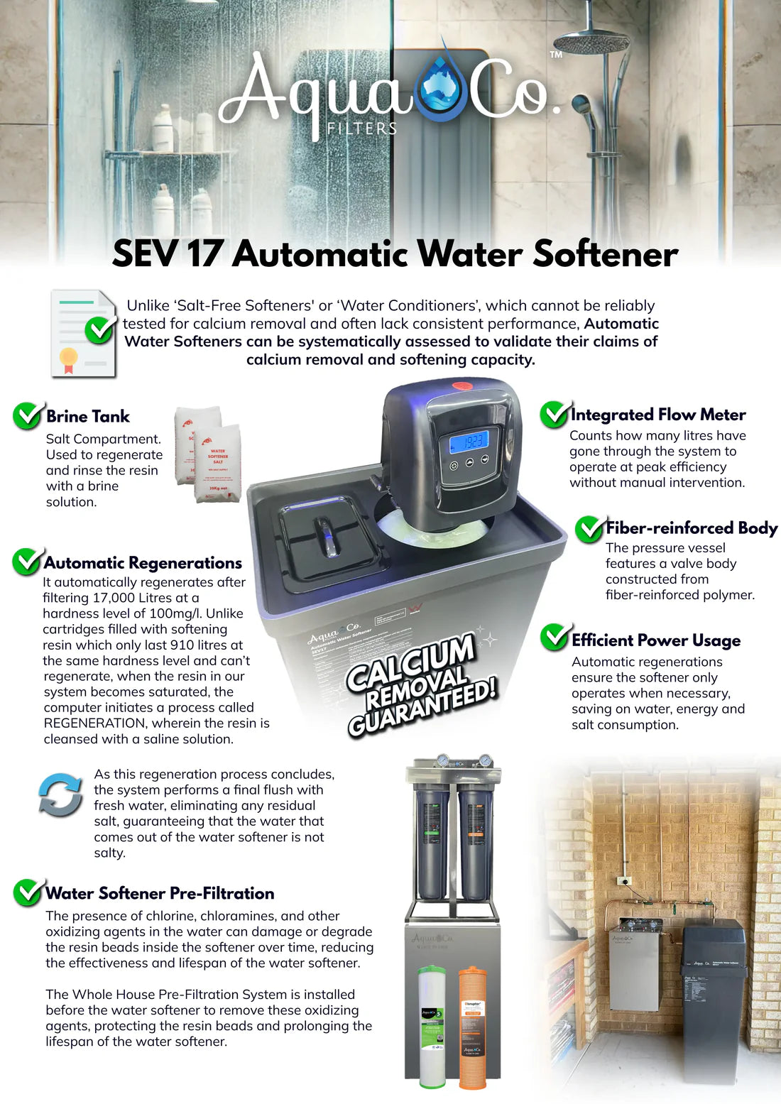 AquaCo SEV 17 automatic water softening filter system with brine tank, flow meter, and efficient resin technology