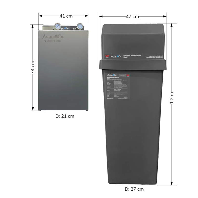 AquaCo water softening filter system with digital gauges and compact design for home water treatment