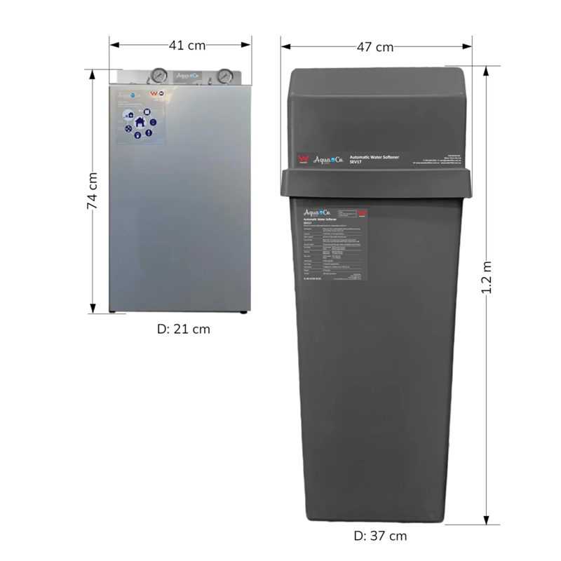 AquaCo water softening filter system showcasing two unit sizes with detailed dimensions in gray finish