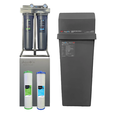 AquaCo water softening filter system with dual filter cartridges and large gray softener tank