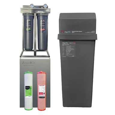 AquaCo water softening filter system with dual filter cartridges and control unit for home water treatment