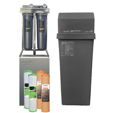 AquaCo water softening filter system with dual filter units and replacement cartridges