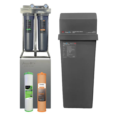 AquaCo water softening filter system with dual filtration units and replacement cartridges