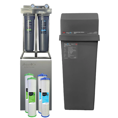 AquaCo water softening filter system with dual filter housing and replacement cartridges
