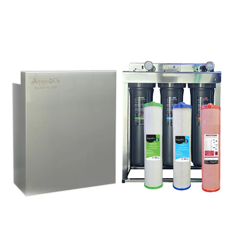 AquaCo whole house water filter system with stainless steel casing and three filter cartridges