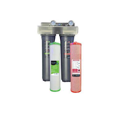 AquaCo whole house water filter system with dual cartridges and two replacement filter cartridges