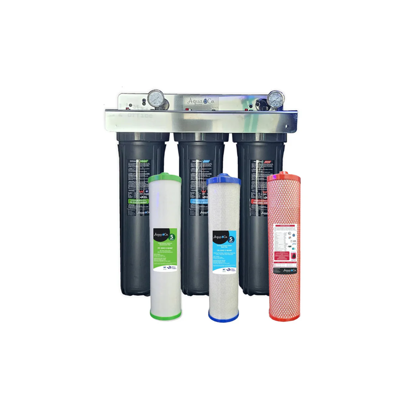 AquaCo whole house water filter system with three black filter housings and three replacement filters