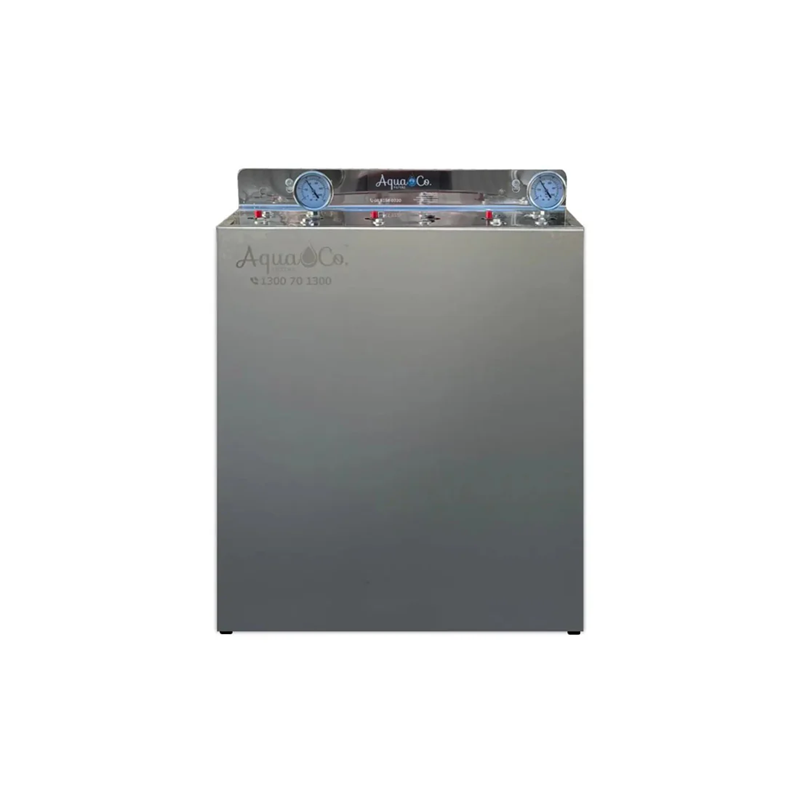 AquaCo stainless steel whole house water filter with pressure gauges and durable design