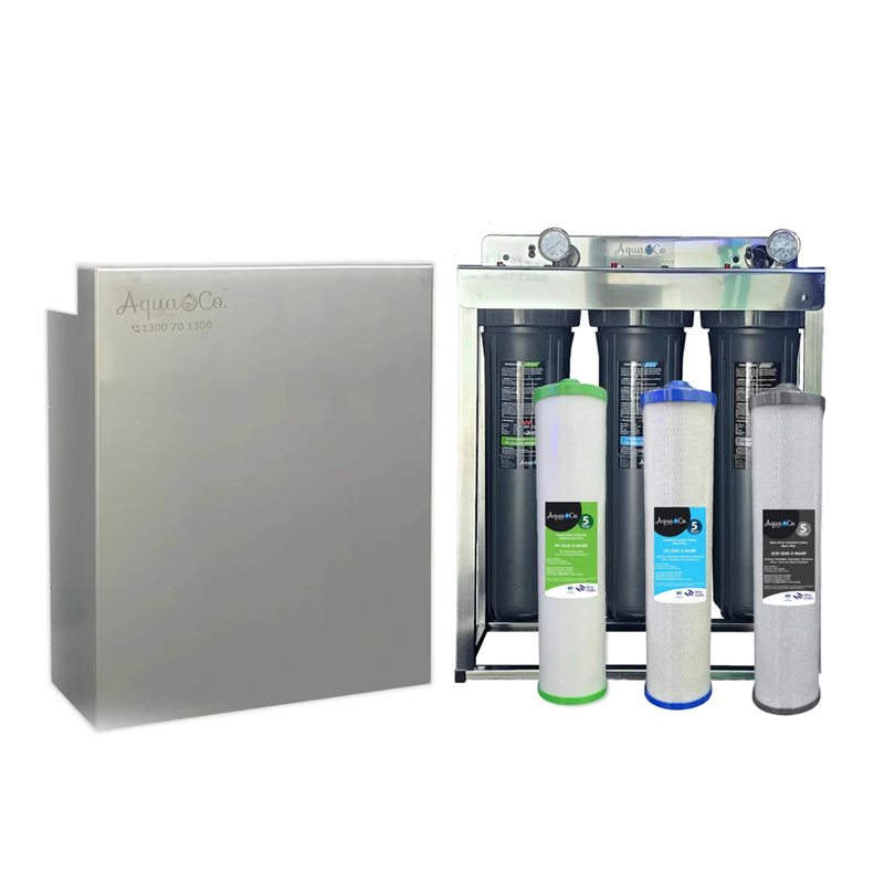 AquaCo whole house water filter system with three filter cartridges and stainless steel housing