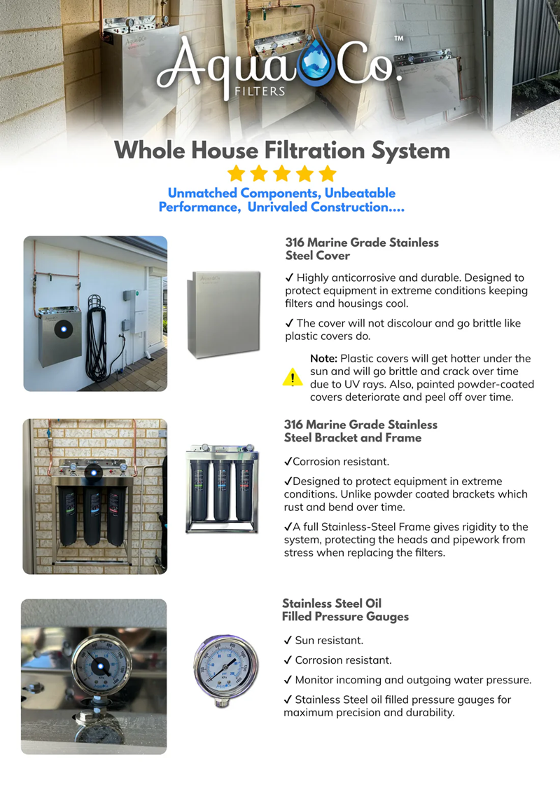 AquaCo whole house water filter system with stainless steel components and pressure gauges