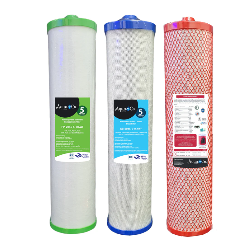 aqua co sediment, carbon and aragon filter cartridge replacements