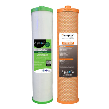 AquaCo water filter cartridges set with green ScaleStop sediment filter and orange Disruptor filter
