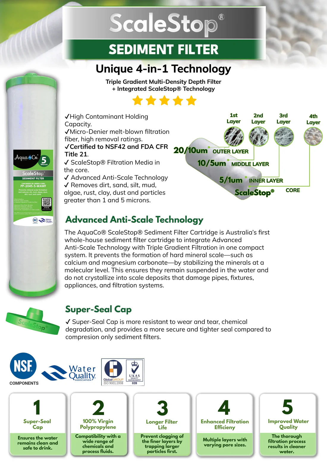 AquaCo ScaleStop sediment water filter cartridges with advanced anti-scale technology and super-seal cap for home filtration