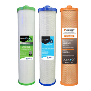 AquaCo water filter cartridges set including sediment, carbon, and disruptor filters in green, blue, and orange casings