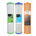 AquaCo water filter cartridges set including sediment, carbon, and disruptor filters in green, blue, and orange casings