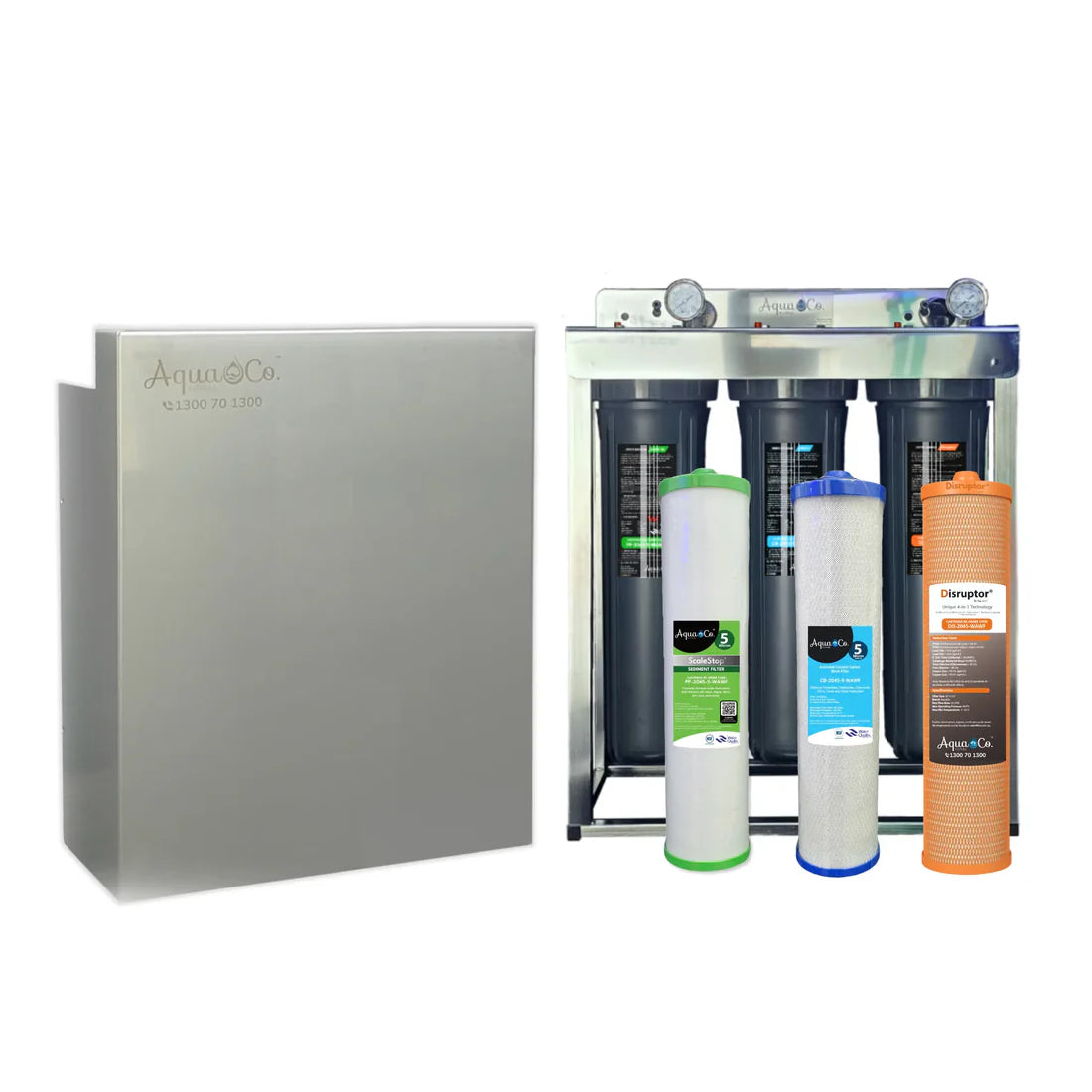 AquaCo whole house water filter system with three cartridge filters and stainless steel housing