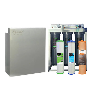 AquaCo whole house water filter system with three cartridge filters and stainless steel housing