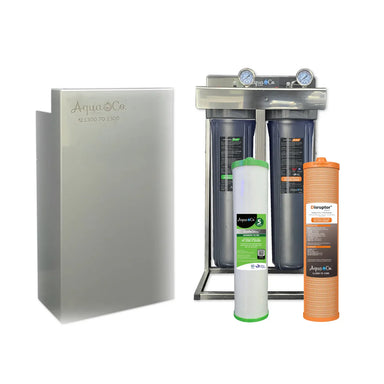 AquaCo whole house water filter system with dual filter housings and replacement cartridges