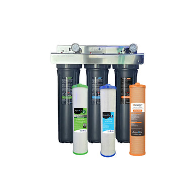 AquaCo whole house water filter system with three black filter housings and three replacement cartridges