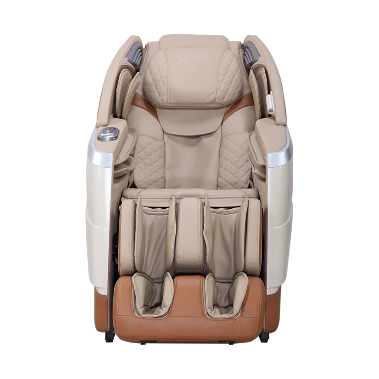 Beige and brown Masseuse massage chair with quilted cushioning and multiple massage zones for full body relaxation