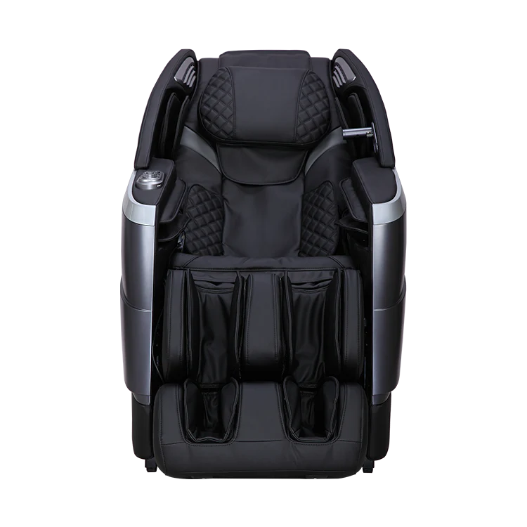 Masseuse massage chair in black with quilted leather and foot and arm massage features