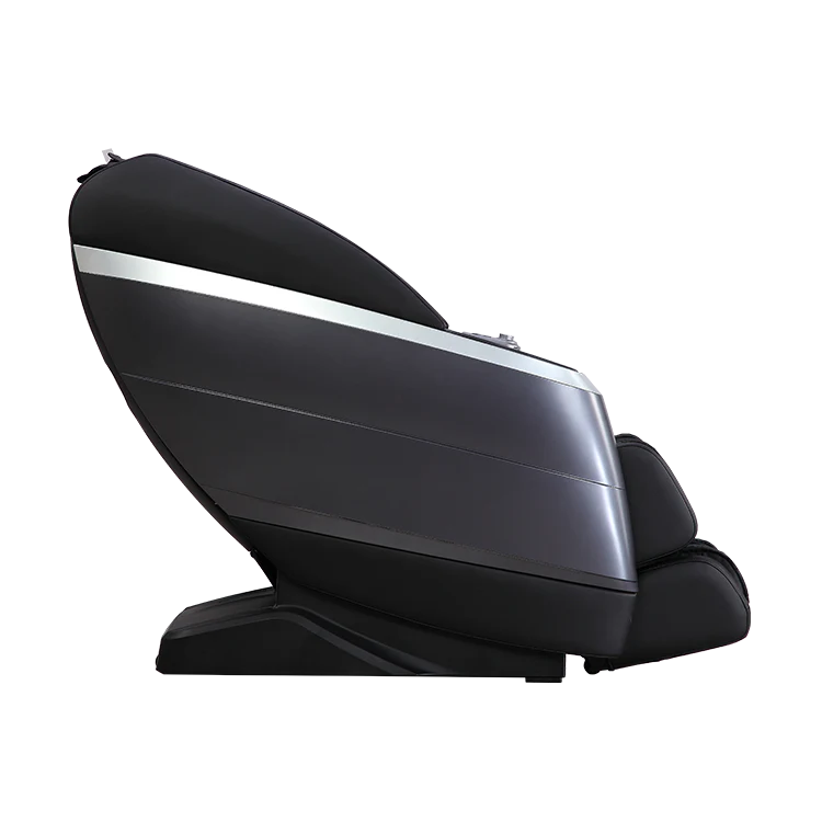 Sleek black massage chair with silver accent from Masseuse Massage Chairs shown in reclined position