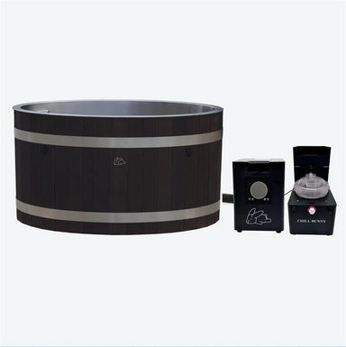 Chill Bunny ice bath with dark wood exterior and separate control unit for temperature regulation