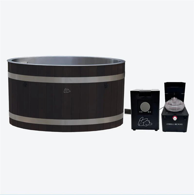 Chill Bunny ice bath with dark wood exterior and separate control unit for temperature regulation