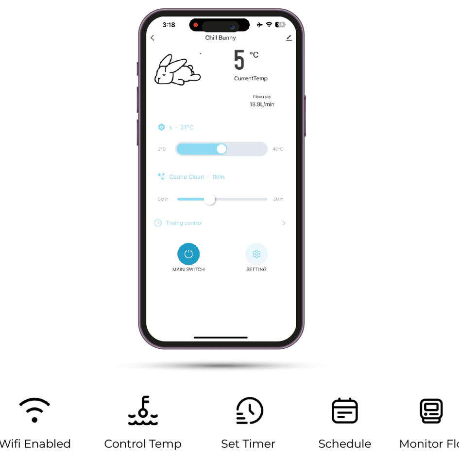 Chill Bunny mobile app interface showing temperature and settings for ice bath control