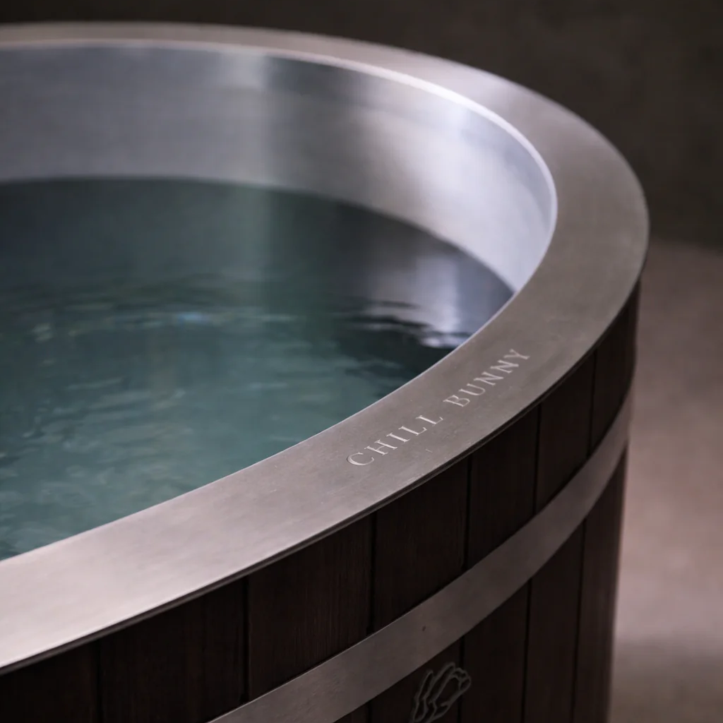 Chill Bunny ice bath with wooden exterior and stainless steel rim filled with water for cold therapy